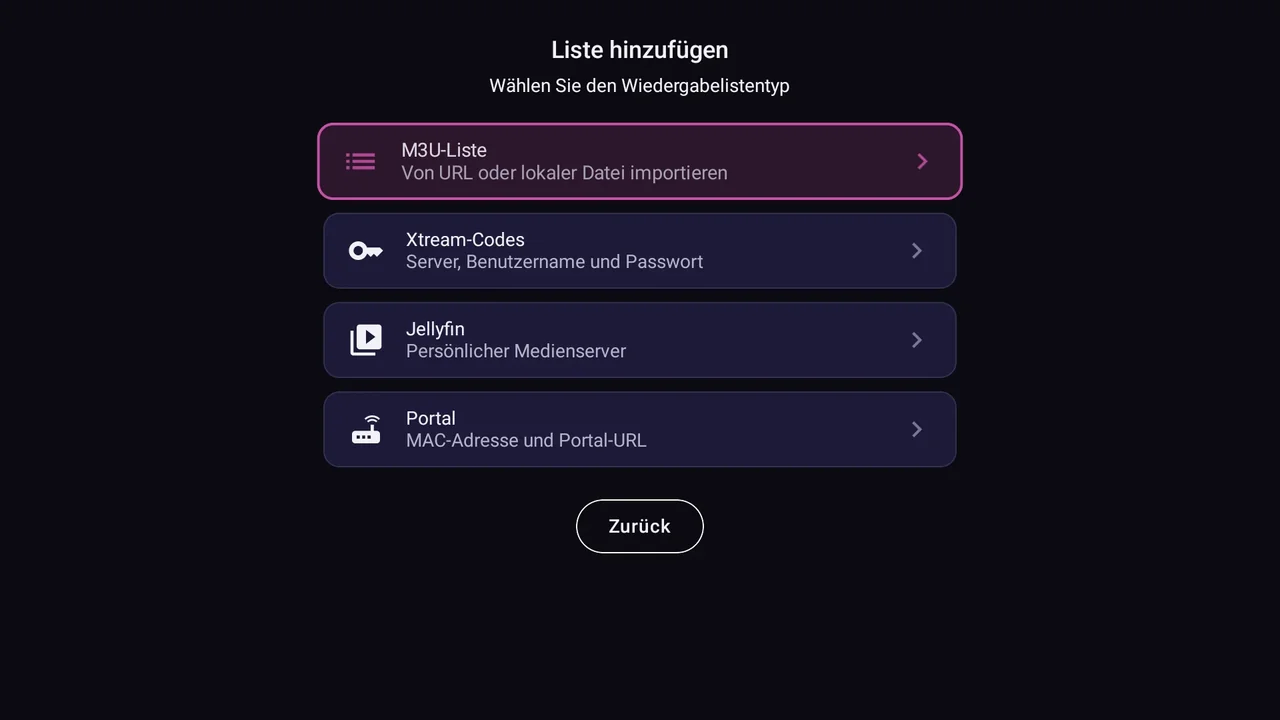 BurgTV auf dem Fernseher: die Quelltypen, unten Portal (MAC-Adresse und Portal-URL)