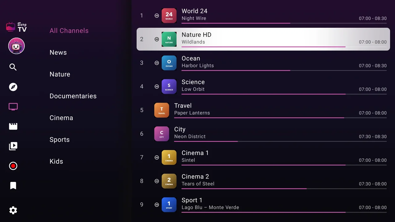 BurgTV on a Fire TV: the channel list with categories on the left