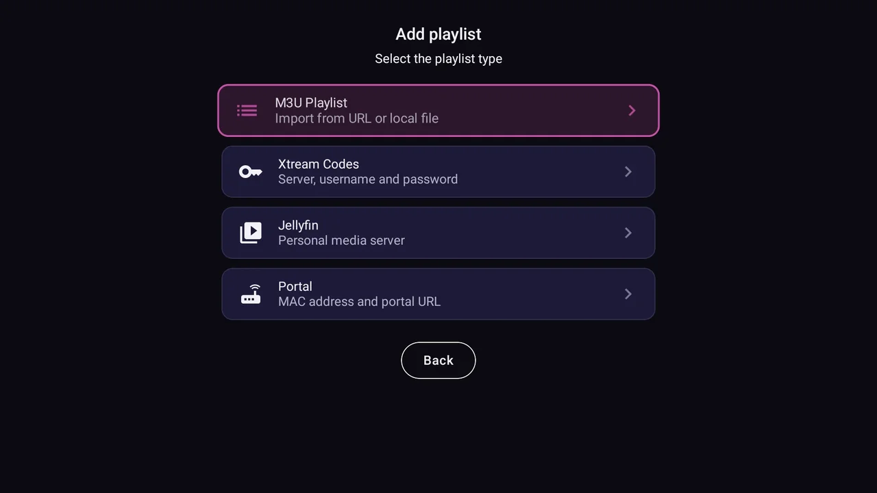 BurgTV Add playlist screen on TV showing the four source types: M3U, Xtream Codes, Jellyfin and Portal