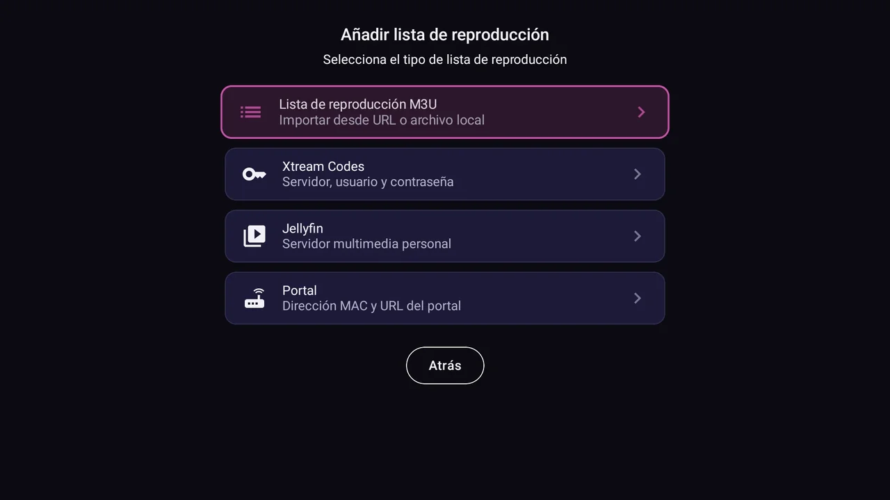 BurgTV en un televisor: los tipos de fuente, con Portal (dirección MAC y URL del portal) abajo del todo