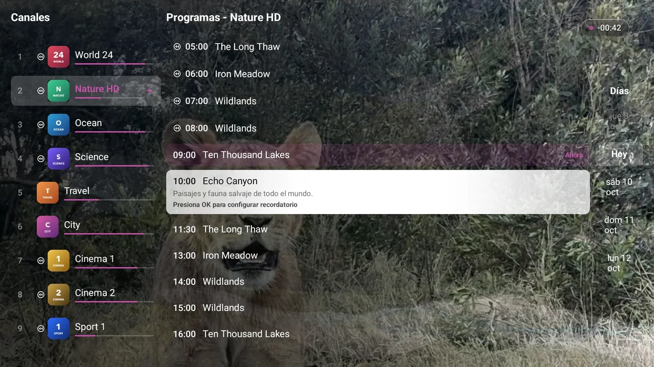 Guía TV de BurgTV en un televisor: parrilla de canales con programas en emisión y próximos, desde la que se programan las grabaciones