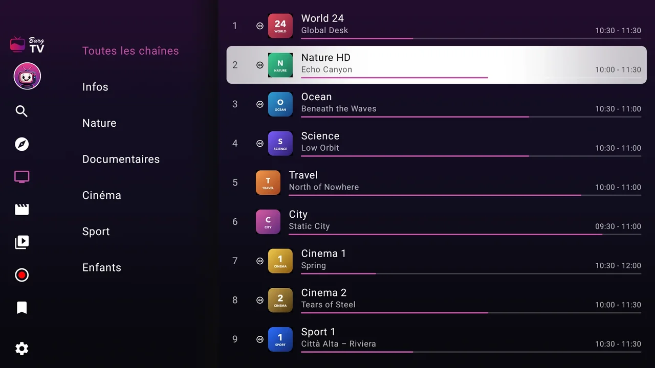 BurgTV sur un Fire TV : la liste des chaînes avec les catégories à gauche