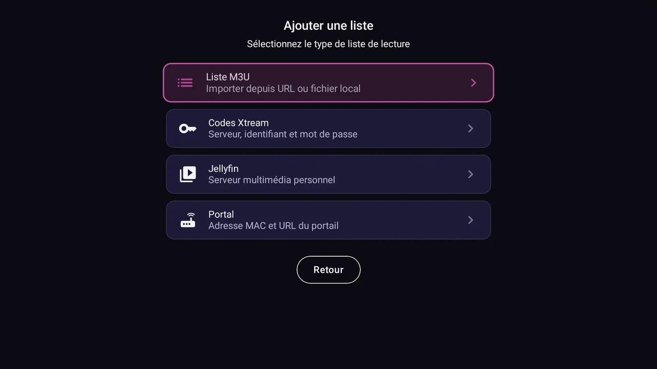 BurgTV sur un téléviseur : les types de source, avec Portal (adresse MAC et URL du portail) en bas