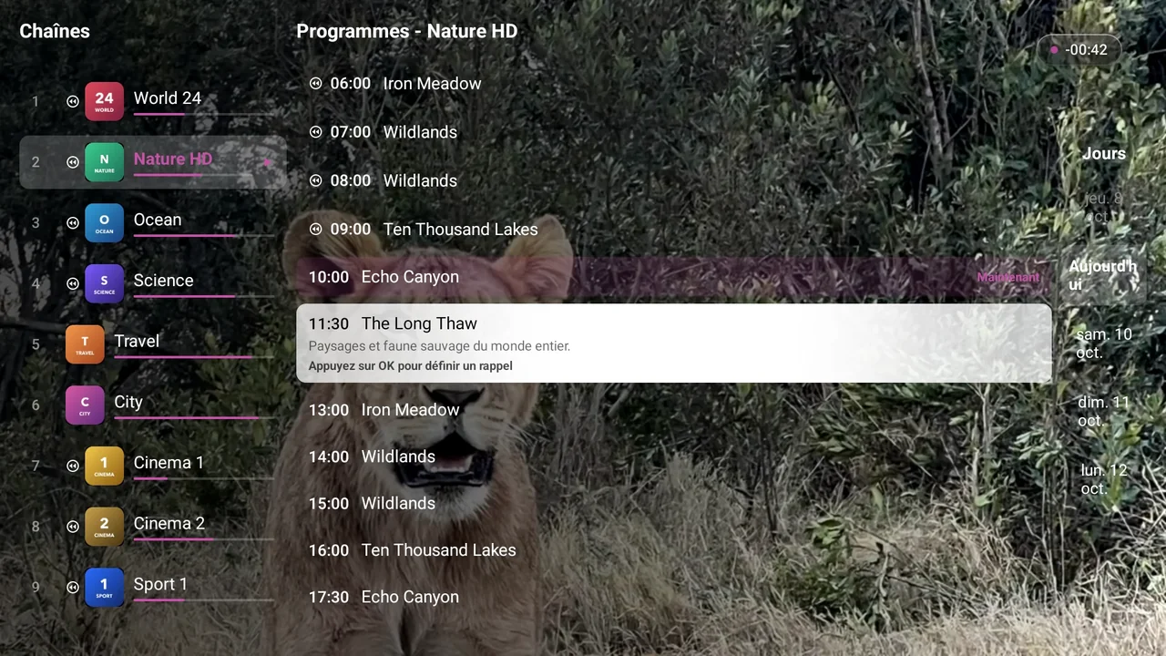 Le guide TV (EPG) de BurgTV sur un téléviseur, avec les programmes des chaînes classés par horaire