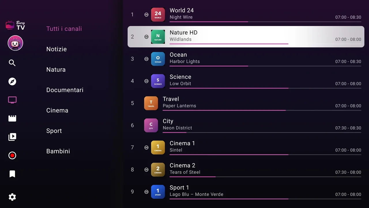 BurgTV su un Fire TV: l’elenco dei canali con le categorie a sinistra