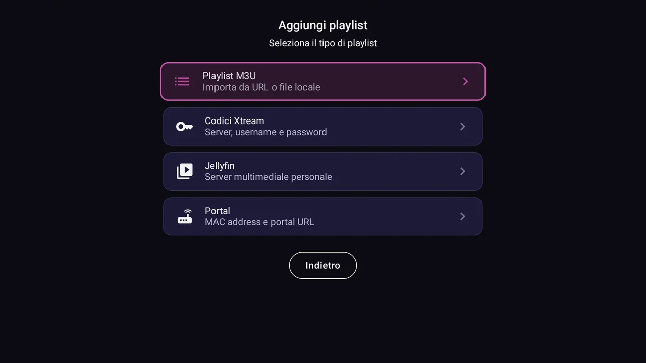 Schermata Aggiungi playlist di BurgTV sulla TV con i quattro tipi di fonte: M3U, Xtream Codes, Jellyfin e Portal