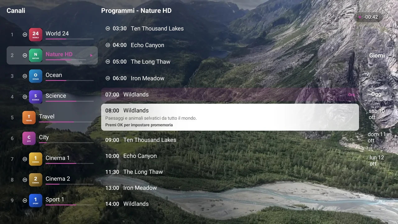 Guida TV di BurgTV su un televisore: griglia dei canali con i programmi in onda e in arrivo, da cui si programmano le registrazioni