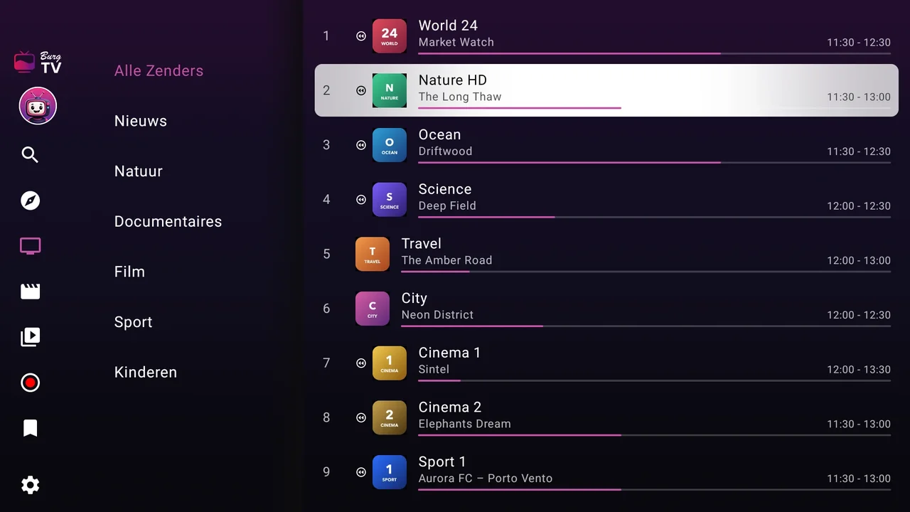 BurgTV op een Fire TV: de zenderlijst met de categorieën links