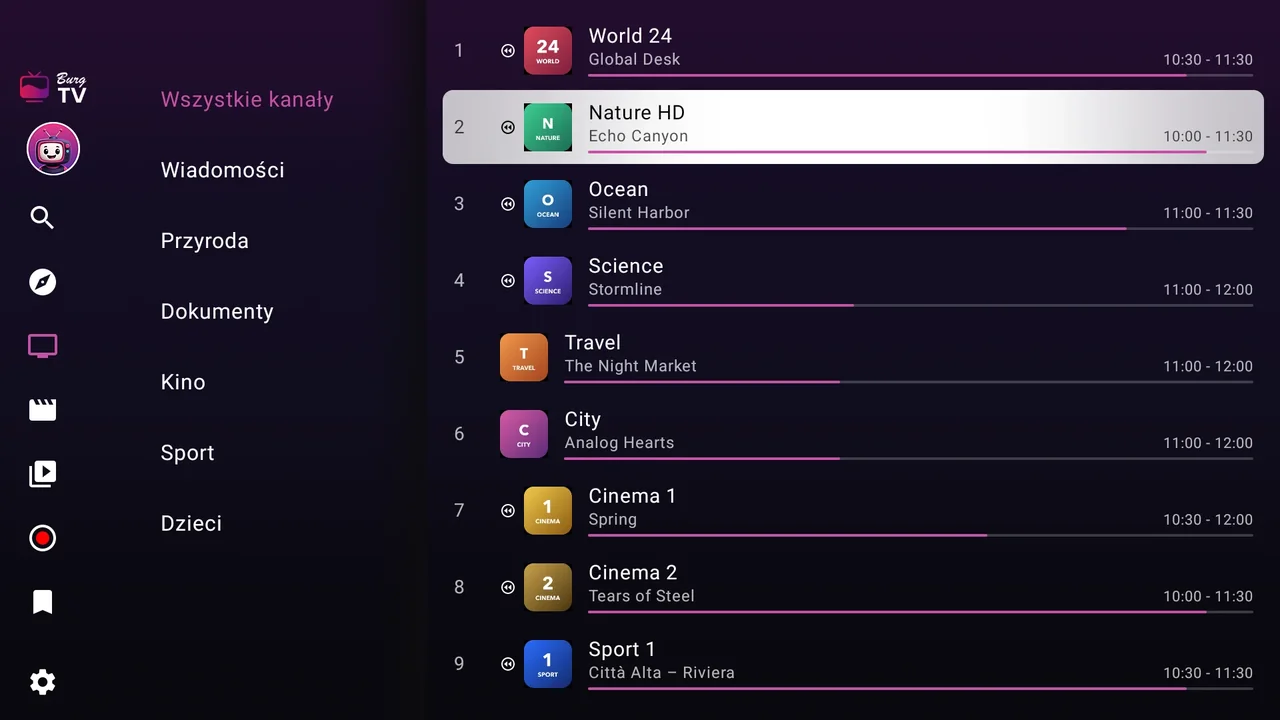 BurgTV na Fire TV: lista kanałów z kategoriami po lewej stronie