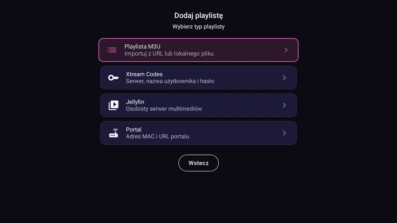 BurgTV na telewizorze: typy źródeł, z opcją Portal (adres MAC i URL portalu) na dole