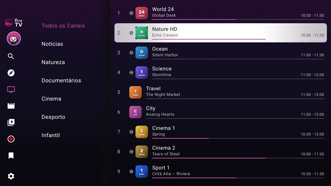 BurgTV num Fire TV: a lista de canais com as categorias à esquerda