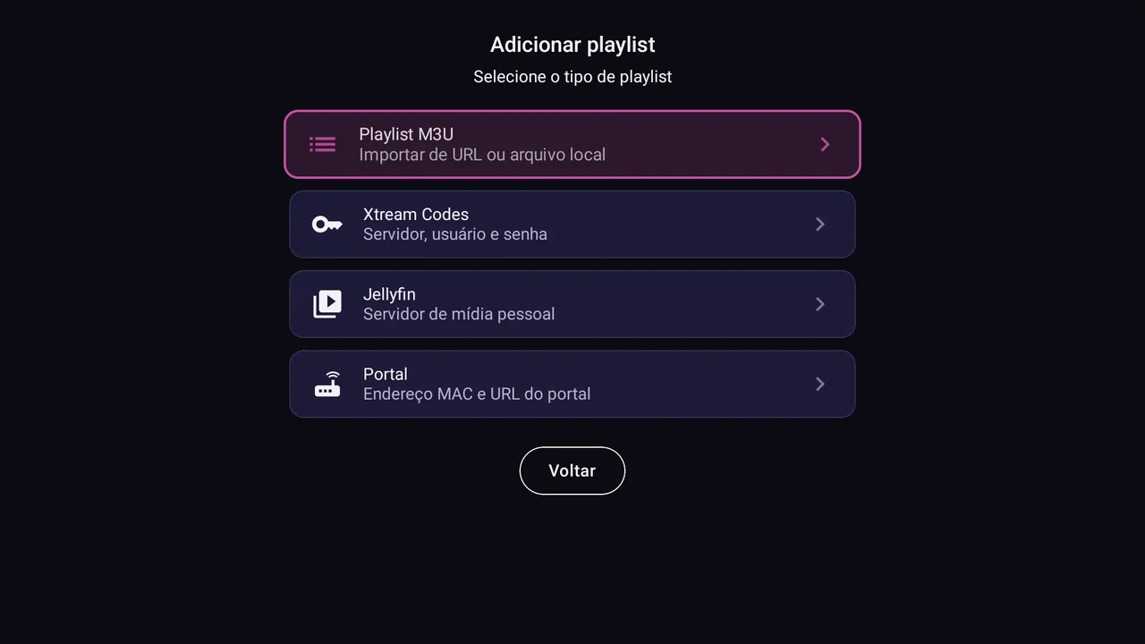 BurgTV na TV: os tipos de fonte, com Portal (endereço MAC e URL do portal) por último