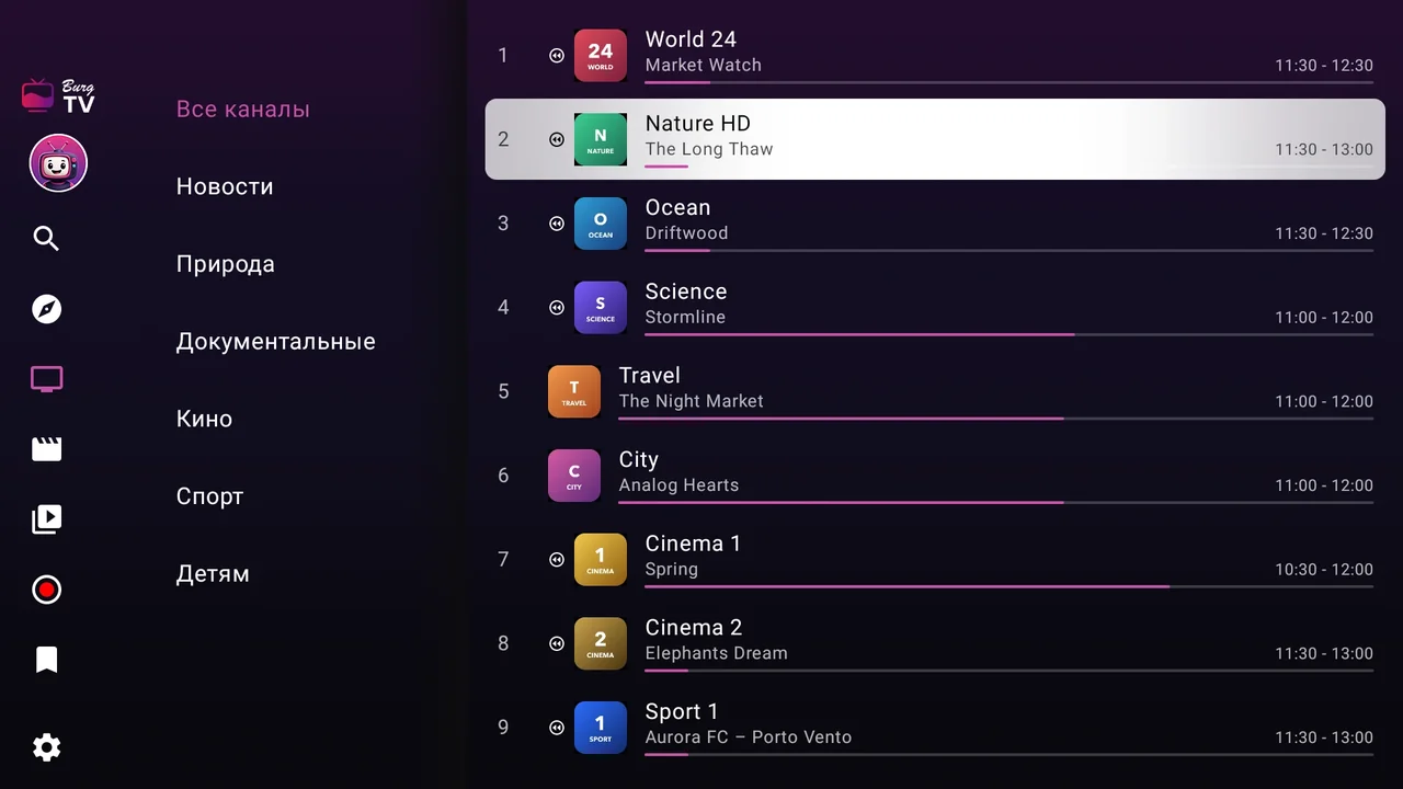 BurgTV на Fire TV: список каналов с категориями слева