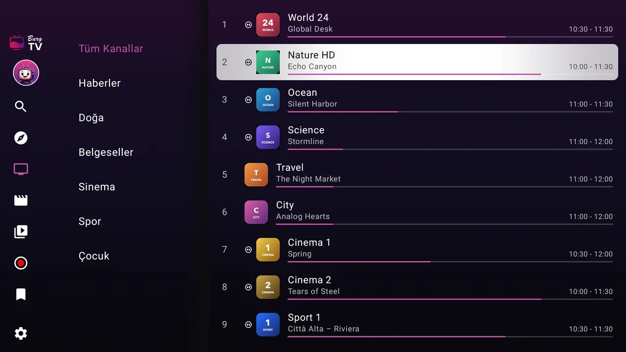 Fire TV’de BurgTV: solda kategorilerle birlikte kanal listesi
